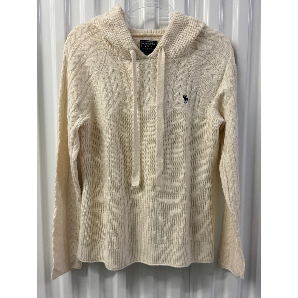 Abercrombie & Fitch Hoodie Sweater Womens Large Ivory Good Cable Knit Logo